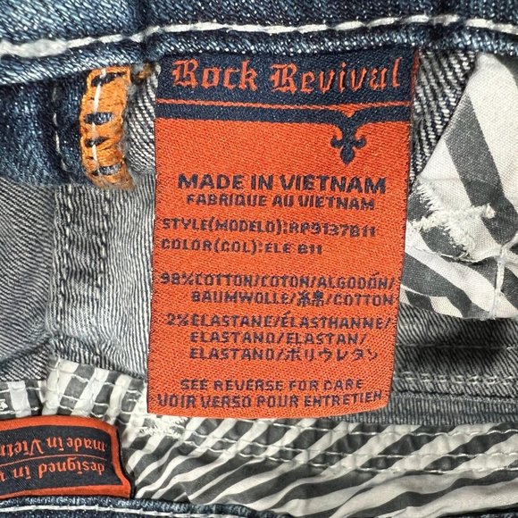Rock Revival Ele Bootcut Stretch Jeans 27x34 Mens Blue Denim Thick Stitch Flap - Picture 7 of 13